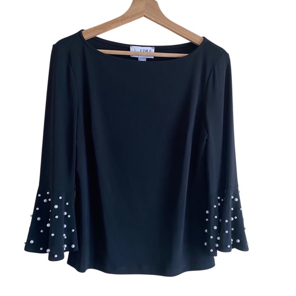 Joseph Ribkoff Top Woman 10 Black Pearl Accent Bell 3/4 Sleeves Boat Neck 191148 - Picture 15 of 15